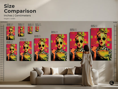 Size comparison of pop art woman enjoying soup artwork in inches and centimeters. See how different sizes fit above a couch. This contemporary kitchen art is available in various dimensions. A perfect foodie gift for her. Explore the yellow orange and pink abstract art.