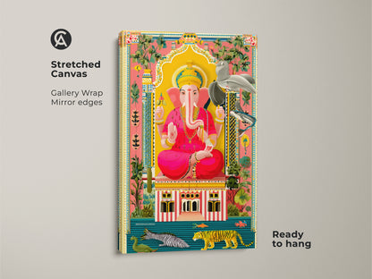 Stretched canvas art showcases a Ganesha print with gallery-wrapped mirror edges. Ready to hang this spiritual wall art instantly enhances your living room. The folk art elephant god painting blends yellow gold and pink. This unique religious art provides a vibrant and cultural accent.