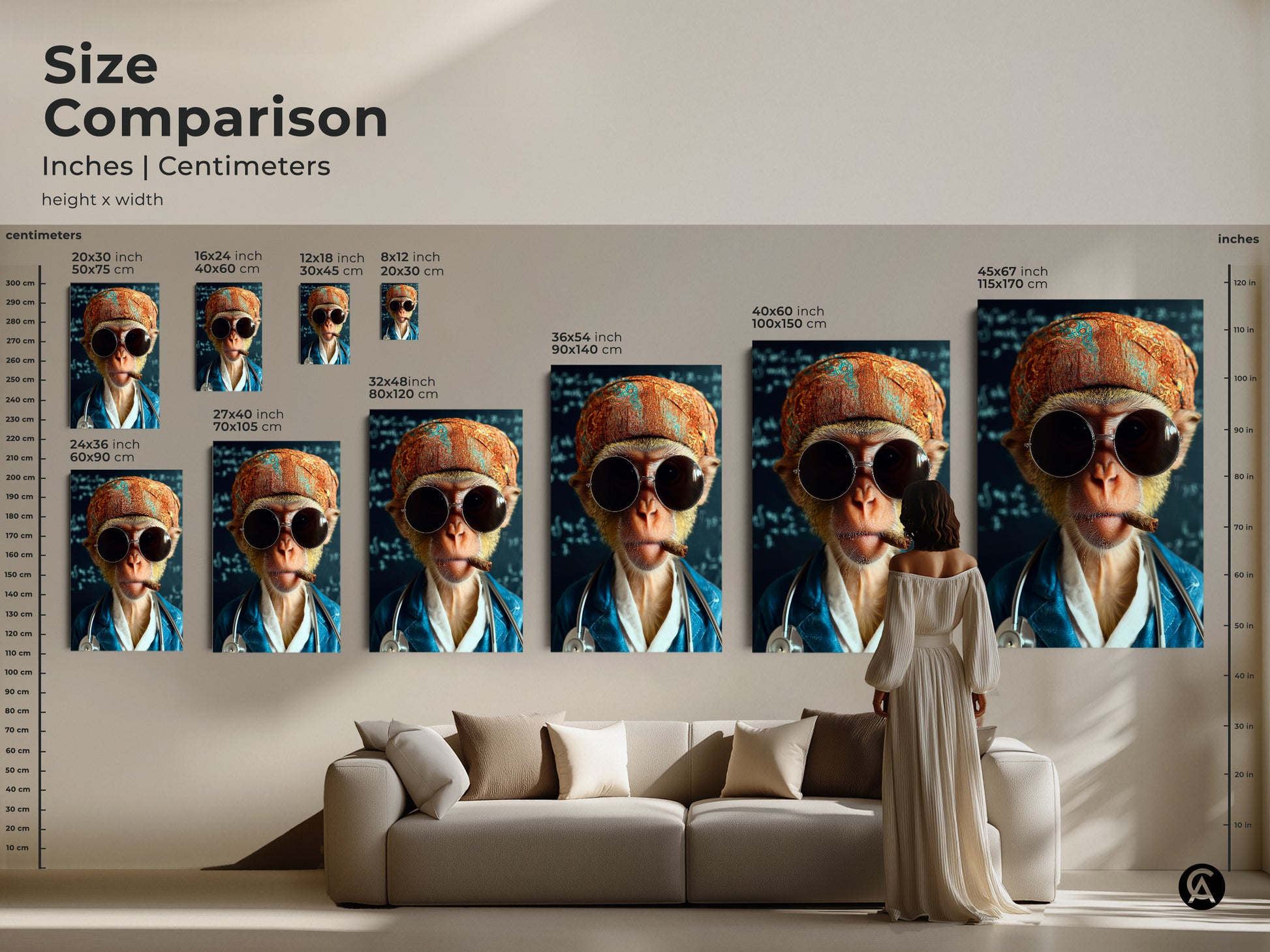 Size Comparison of the monkey doctor artwork in inches and centimeters. See how the art scales next to furniture and a model. Find the perfect size for this unique piece. This surreal animal art is a great conversation starter.