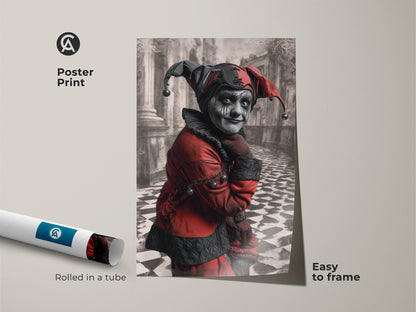 Poster print of a crimson harlequin. The gothic jester art is rolled in a tube for easy framing. The eclectic character portrait is perfect for study room wall art. It creates a vintage inspired art.