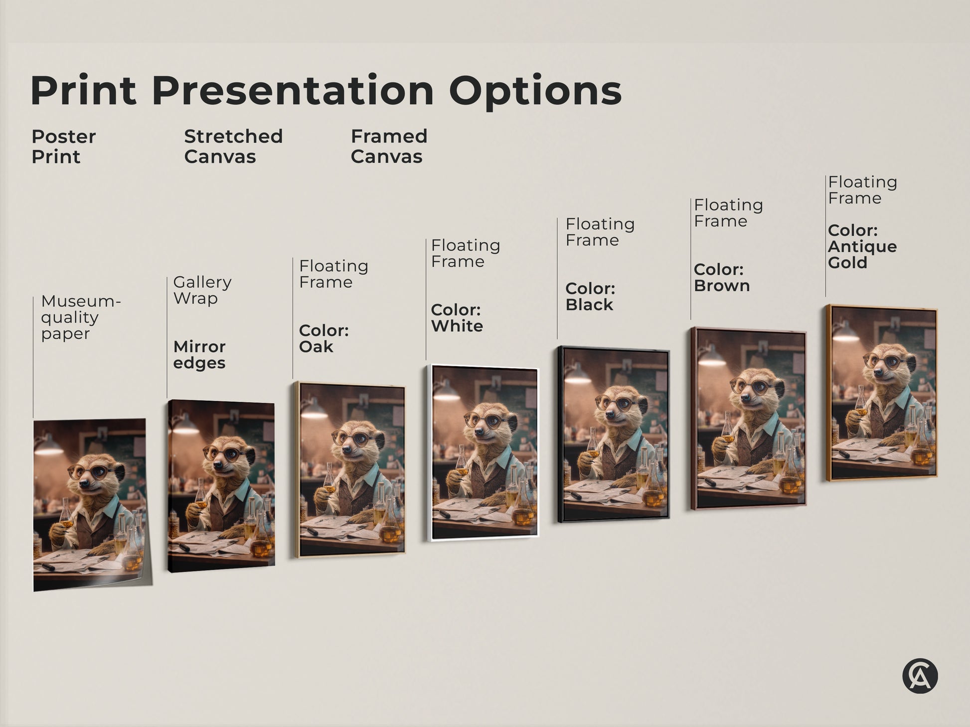 Various print presentation options for the lab meerkat artwork. Choose between poster print stretched canvas or framed canvas. Several frame color options are displayed like black brown and antique gold. Find the perfect fit for your space.