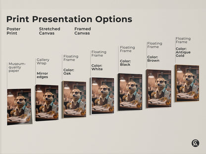 Various print presentation options for the lab meerkat artwork. Choose between poster print stretched canvas or framed canvas. Several frame color options are displayed like black brown and antique gold. Find the perfect fit for your space.