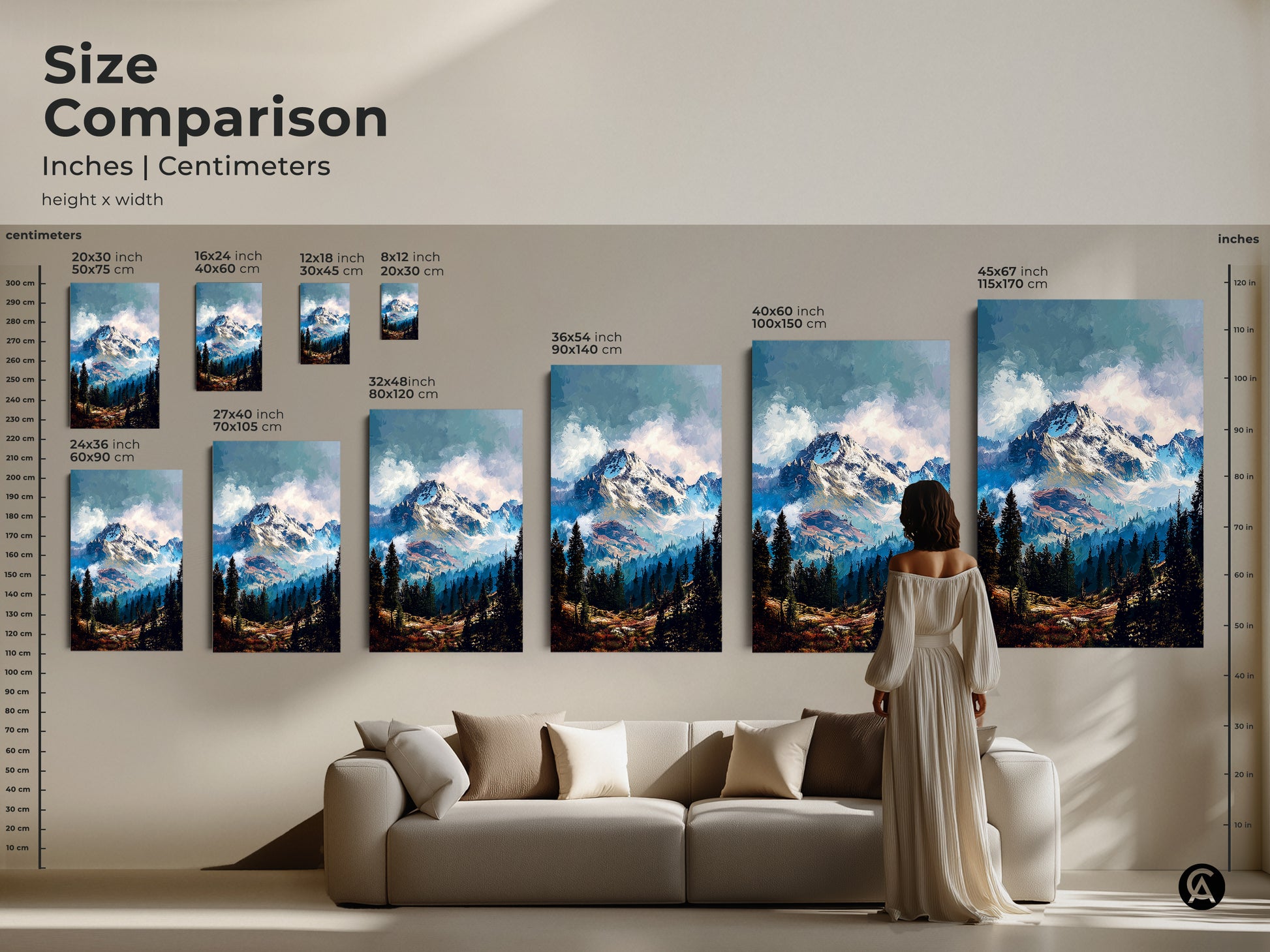 Size comparison of mountain artwork in inches and centimeters. This wall art makes a statement in any room. Various sizes available to fit above any sofa. Find the perfect mountain canvas for your home.