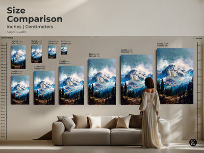 Size comparison of mountain artwork in inches and centimeters. This wall art makes a statement in any room. Various sizes available to fit above any sofa. Find the perfect mountain canvas for your home.