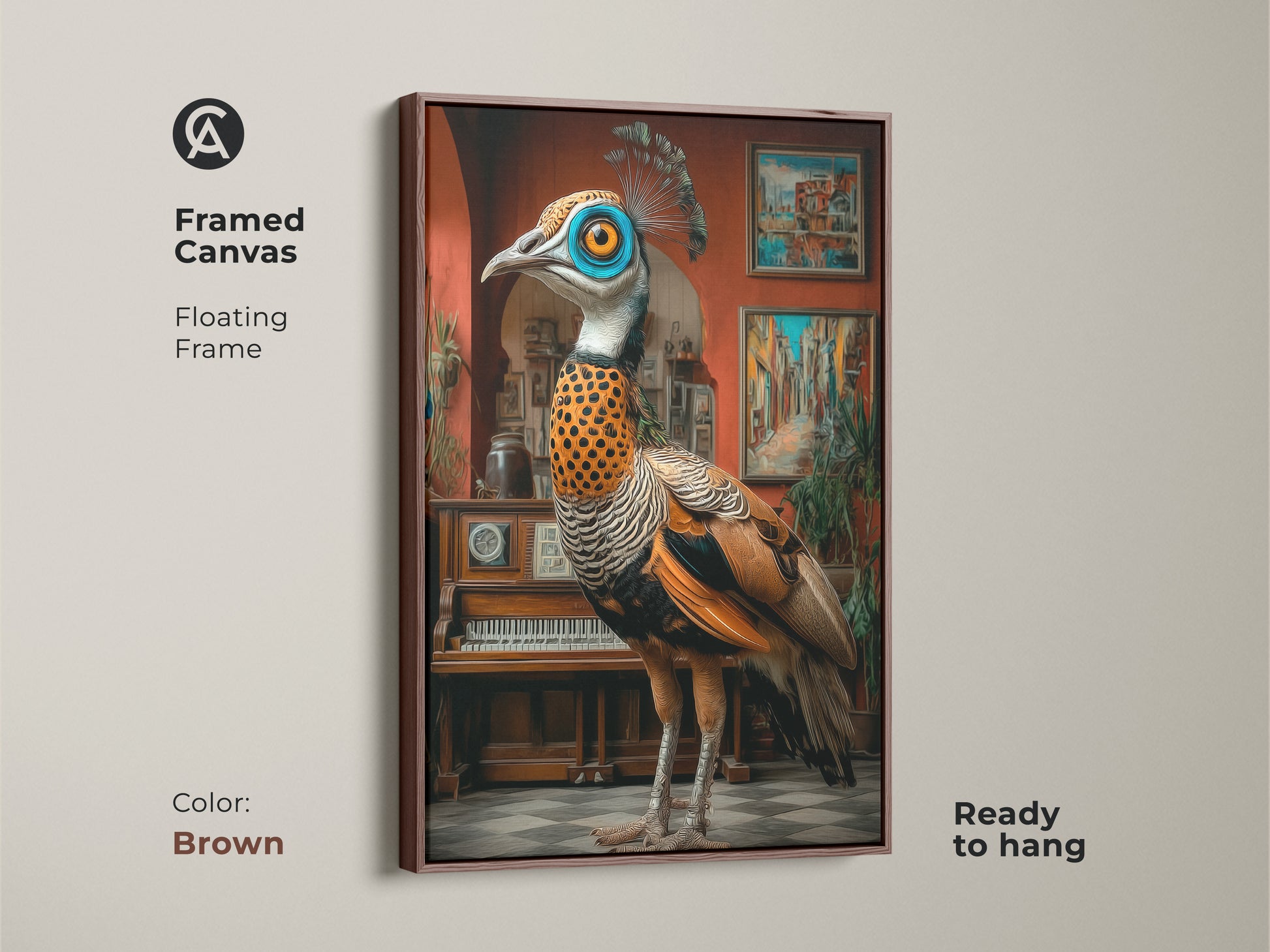 Framed in brown this surreal peacock canvas is ready to hang. The ornate bird artwork offers eclectic study room decor with blue orange and teal hues. A unique gift for art lovers the floating frame enhances the animal themed wall art. Its a sophisticated touch to any space.