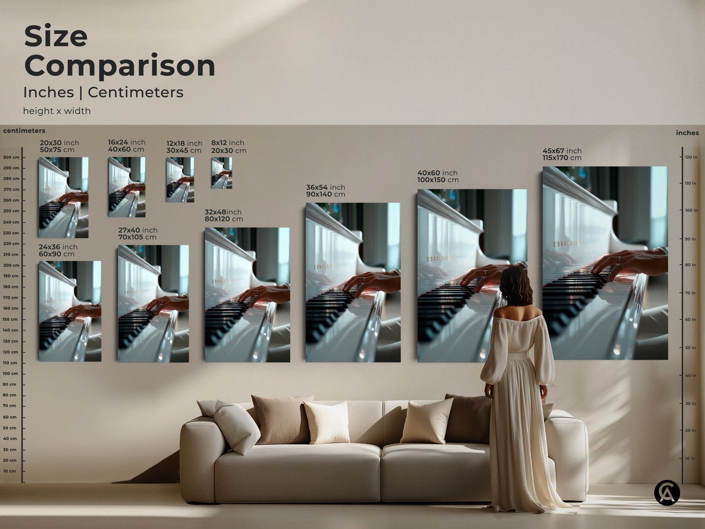 Size comparison of piano keys artwork in inches and centimeters. Various sizes are available to fit any room. Find the perfect scale for your space. Bring the beauty of music into your home with this art.