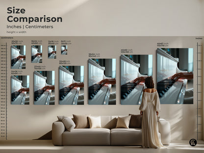 Size comparison of piano keys artwork in inches and centimeters. Various sizes are available to fit any room. Find the perfect scale for your space. Bring the beauty of music into your home with this art.