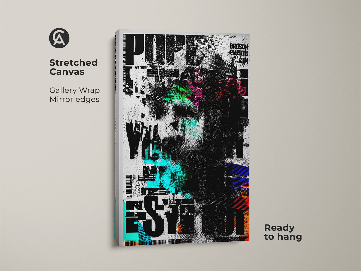 Stretched canvas showcasing an abstract face art print. The glitch art collage combines black white and green colors for a modern look. Perfect for office decor. The gallery wrap with mirror edges gives it a sleek contemporary feel. Ready to hang for art collectors.