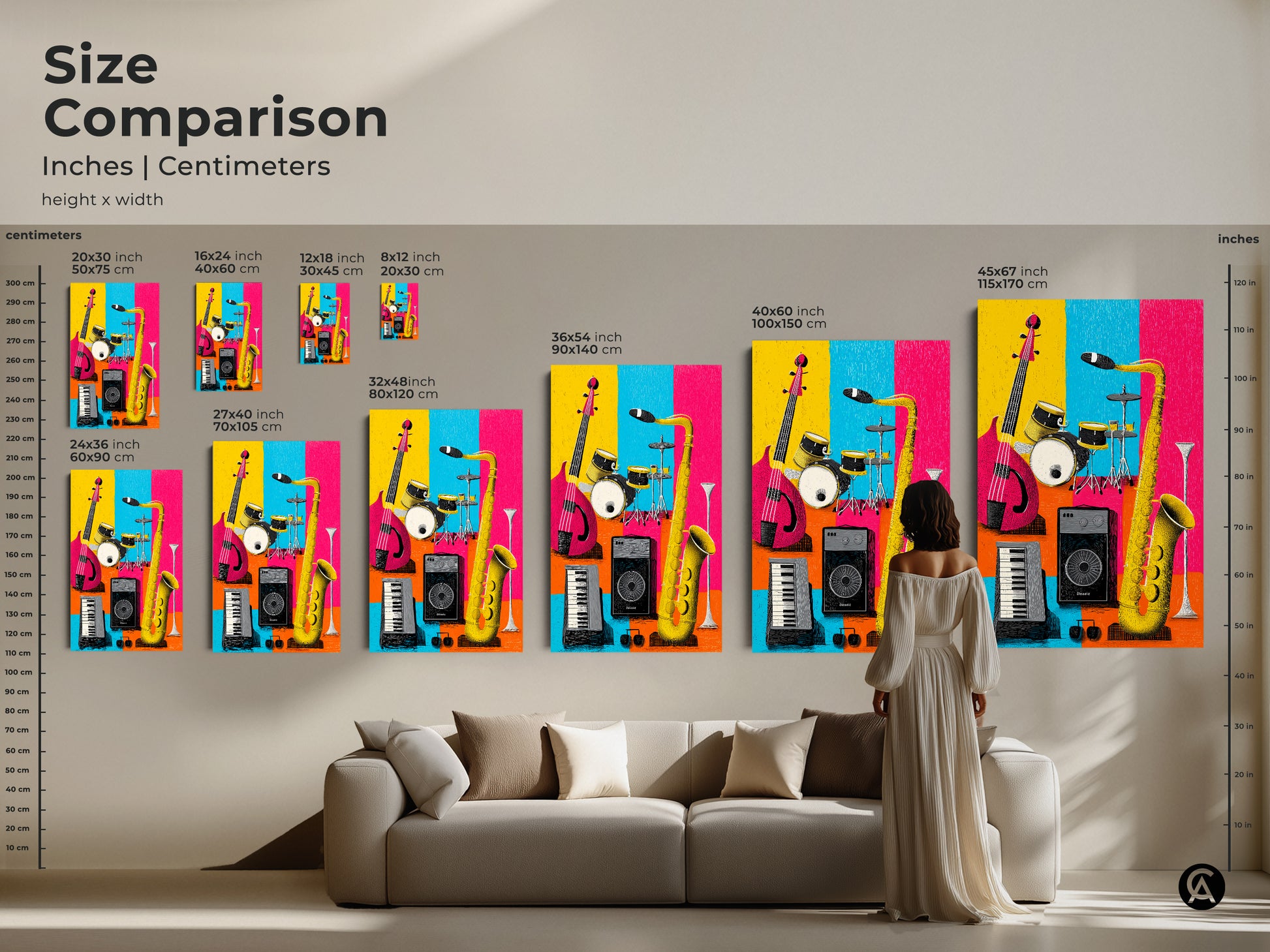 Size comparison of musical instrument art prints. See how various sizes of canvas and posters fit above a sofa. Visualize the impact of this guitar drums and saxophone artwork.