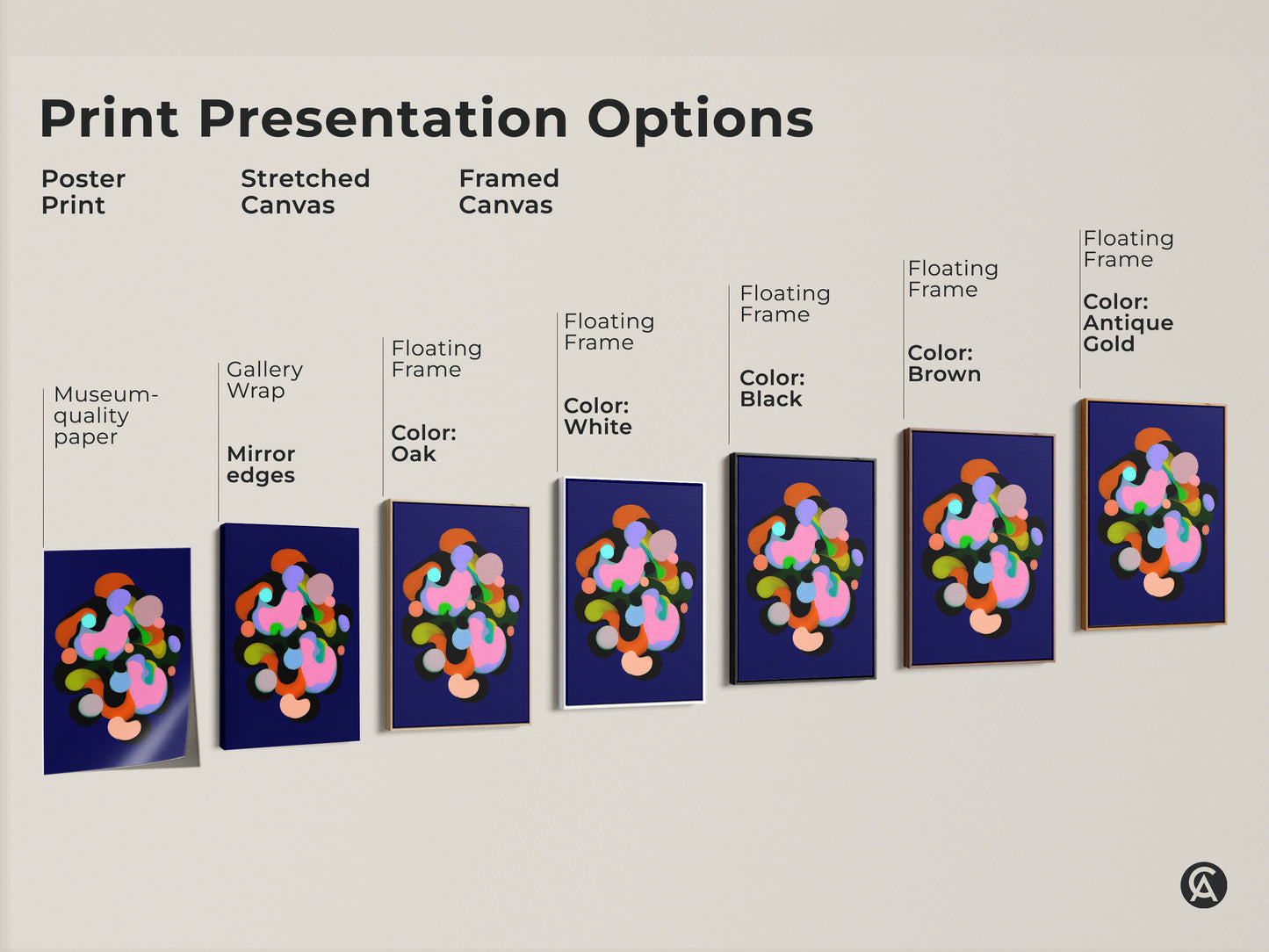 Print presentation options including poster print stretched canvas and framed canvas. The modern abstract artwork features geometric shapes in colors like indigo pink and green. Find the perfect style for your bedroom office or living room wall decor.