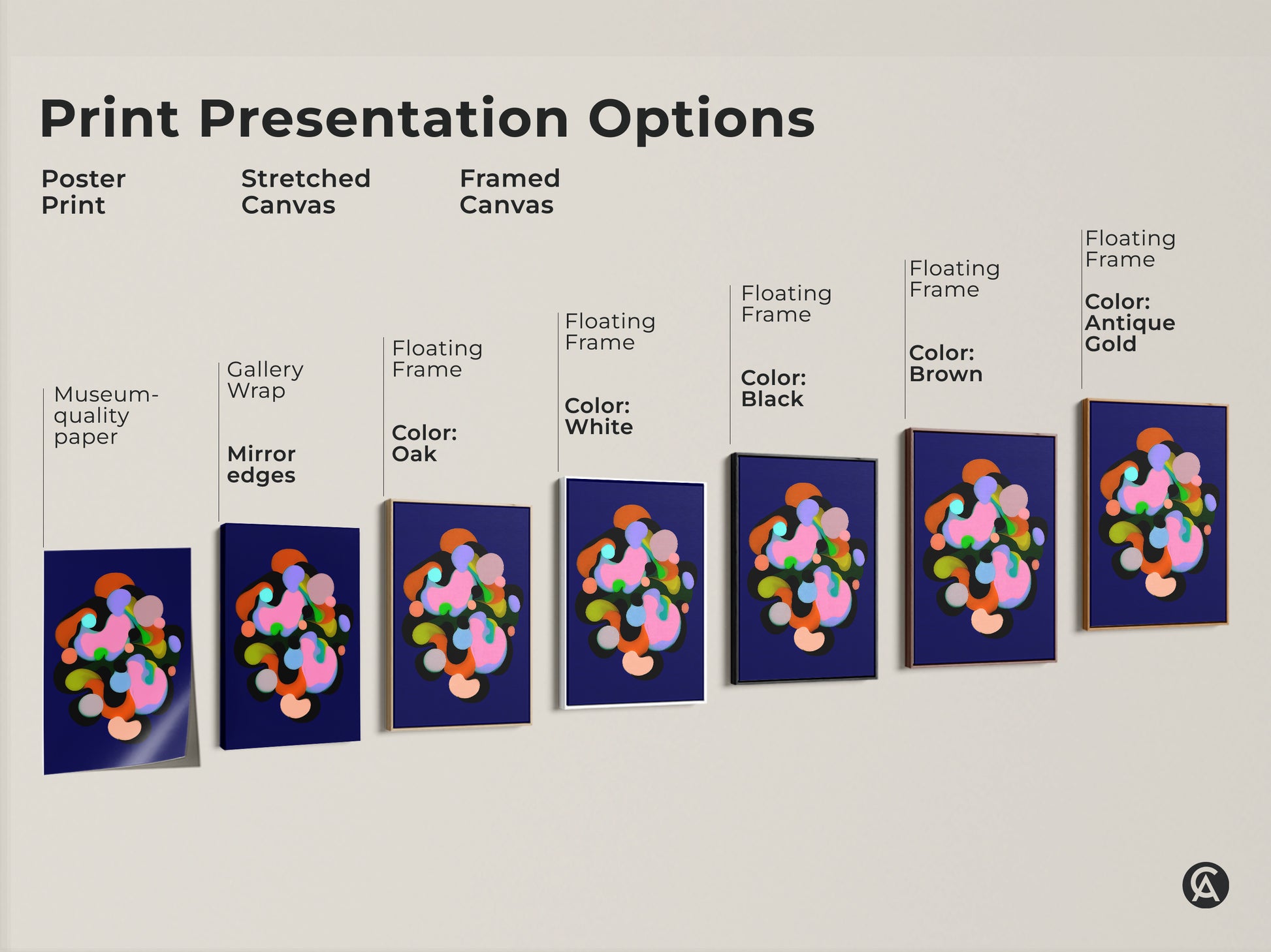 Print presentation options including poster print stretched canvas and framed canvas. The modern abstract artwork features geometric shapes in colors like indigo pink and green. Find the perfect style for your bedroom office or living room wall decor.