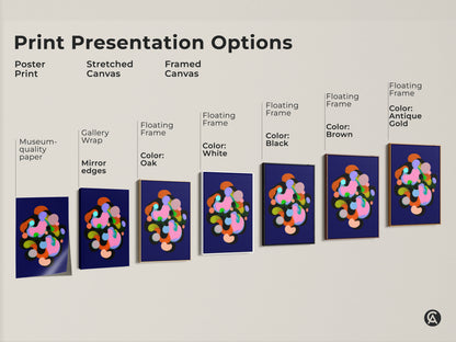 Print presentation options including poster print stretched canvas and framed canvas. The modern abstract artwork features geometric shapes in colors like indigo pink and green. Find the perfect style for your bedroom office or living room wall decor.