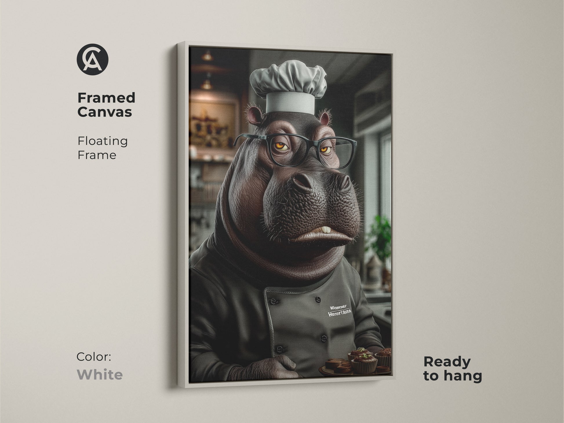 This framed canvas features a charming hippo chef holding muffins. Displayed in a floating white frame this warm piece adds humor to any kitchen or office. It's a delightful artwork for bakers adding a smile and personality to walls. This makes a perfect gift for birthdays or housewarmings.