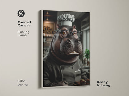 This framed canvas features a charming hippo chef holding muffins. Displayed in a floating white frame this warm piece adds humor to any kitchen or office. It's a delightful artwork for bakers adding a smile and personality to walls. This makes a perfect gift for birthdays or housewarmings.