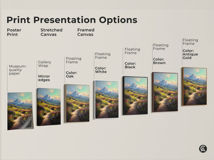 Print presentation options for mountain path art. Choose from poster prints to stretched canvas and framed canvas options. Find the perfect style for your wildflower field wall art. Each offers museum-quality.