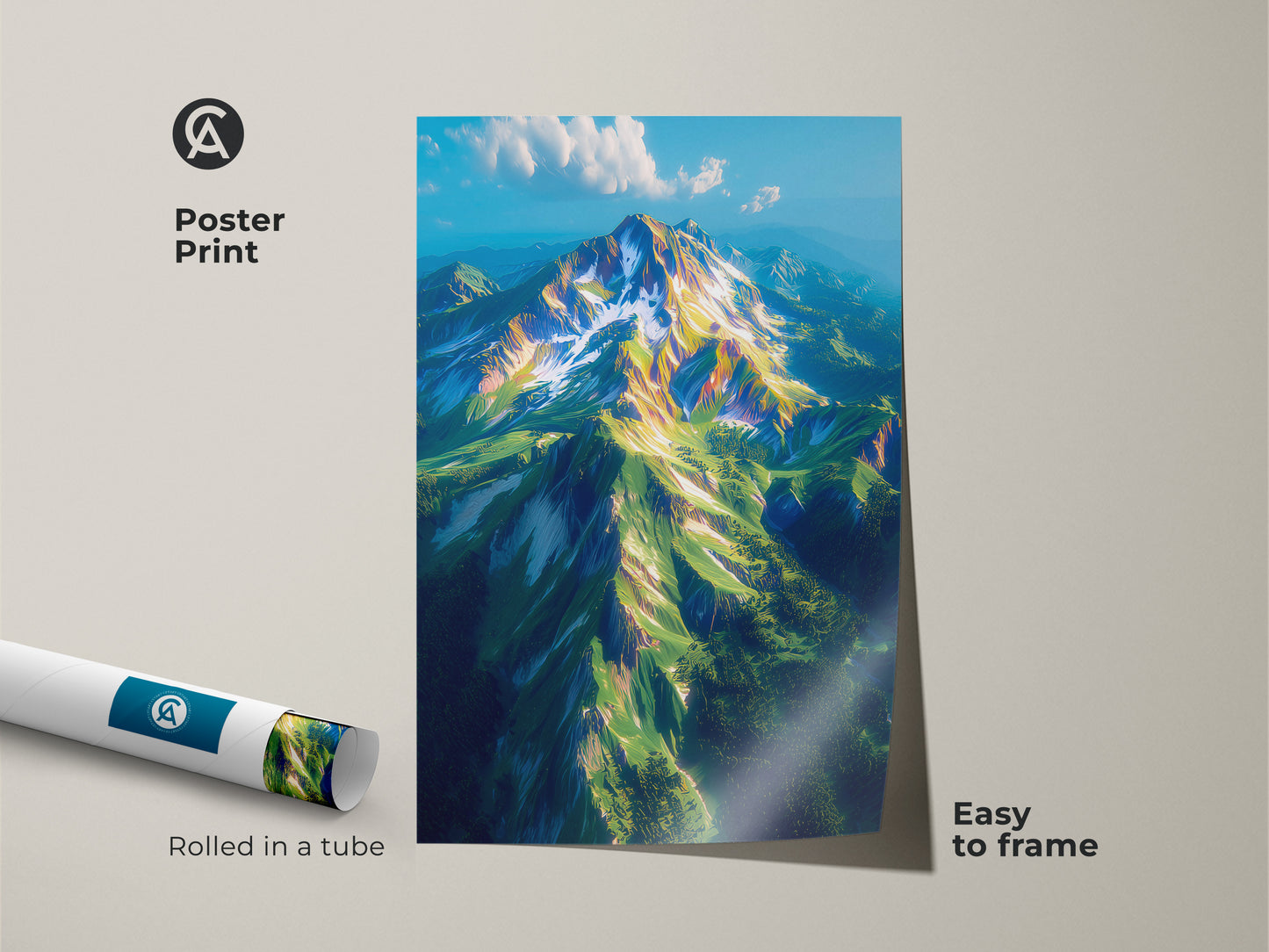 Poster print featuring a breathtaking mountain landscape. The fine art poster arrives rolled in a tube. It's easy to frame and display. The museum-quality paper enhances the artwork. Perfect for adding a touch of nature to any space. It's ideal for art collectors.