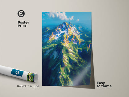Poster print featuring a breathtaking mountain landscape. The fine art poster arrives rolled in a tube. It's easy to frame and display. The museum-quality paper enhances the artwork. Perfect for adding a touch of nature to any space. It's ideal for art collectors.