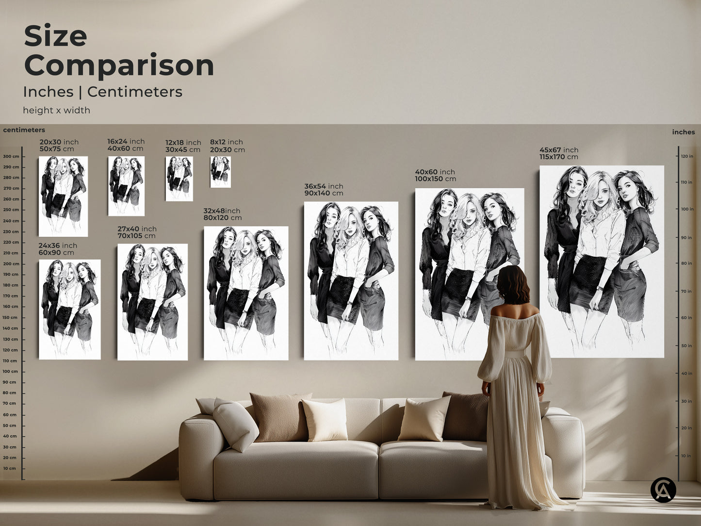 Size comparison of a black and white fashion sketch art print in inches and centimeters. See how different sizes fit above a couch. A modern home decor for stylish wall hanging.