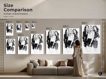Size comparison of a black and white fashion sketch art print in inches and centimeters. See how different sizes fit above a couch. A modern home decor for stylish wall hanging.