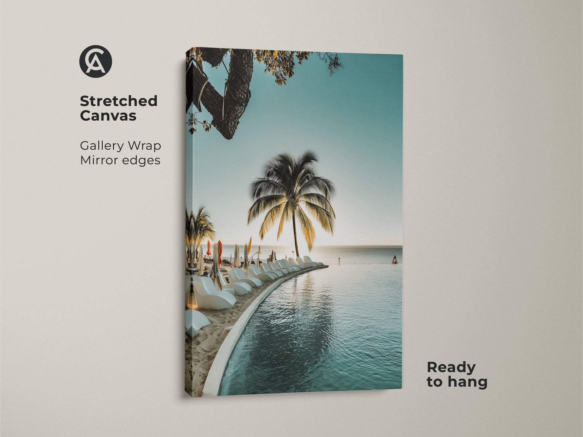 Stretched canvas coastal art print. The tropical beach wall art shows a palm tree ocean view and infinity pool. Enjoy relaxed summer vibes with this blue teal coastal decor. A perfect beach house wall hanging.