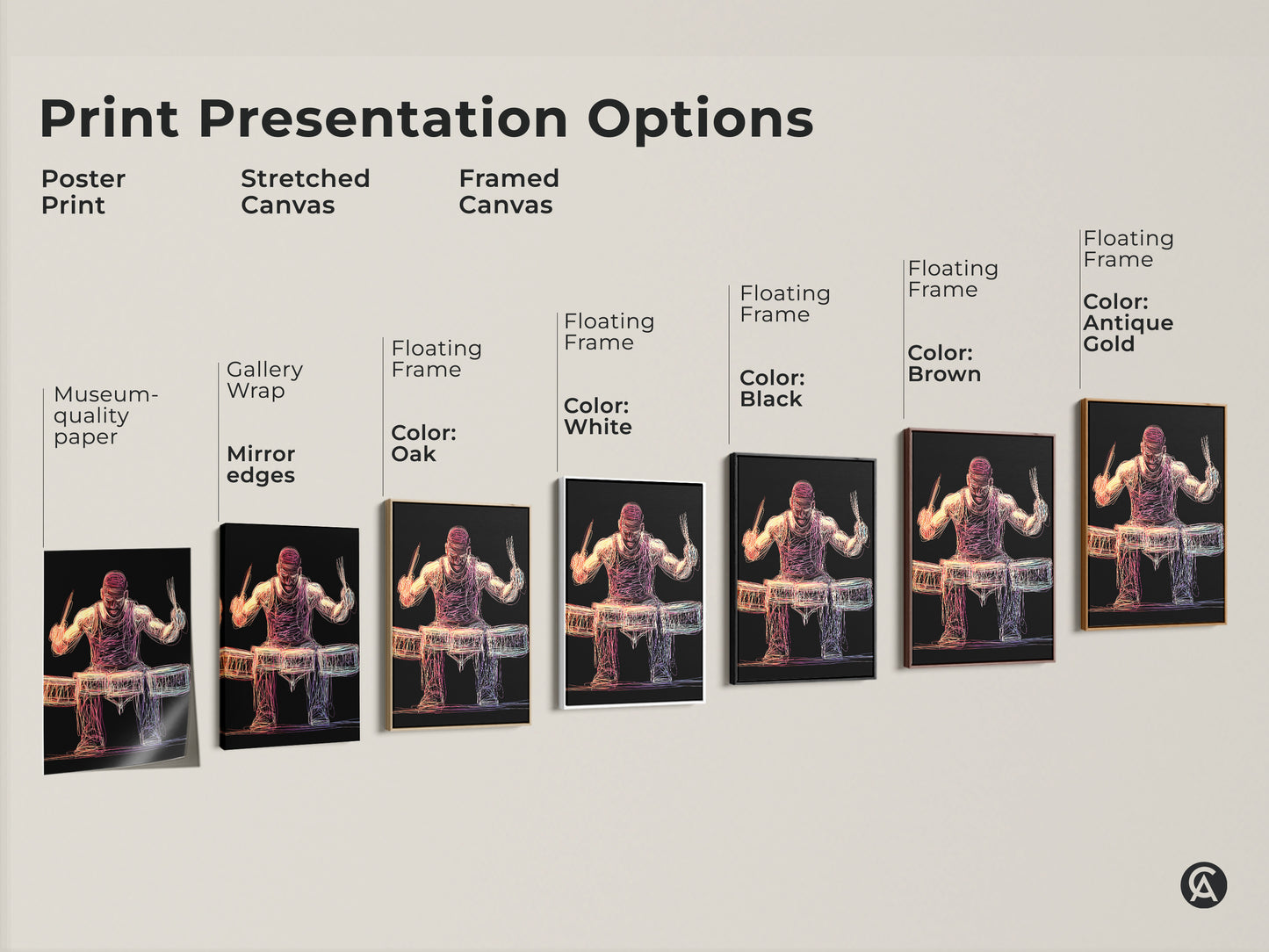 Explore the art print presentation options. This includes poster prints stretched canvas and framed canvas. The museum-quality paper and gallery wrap options highlight every detail. Floating frames are available in black brown white and oak. Choose the perfect format to display this abstract drummer artwork. Enhance your music room wall decor with this print.
