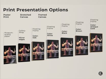 Explore the art print presentation options. This includes poster prints stretched canvas and framed canvas. The museum-quality paper and gallery wrap options highlight every detail. Floating frames are available in black brown white and oak. Choose the perfect format to display this abstract drummer artwork. Enhance your music room wall decor with this print.