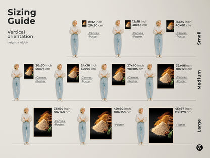 Sizing guide featuring Spice Art. Vertical orientation options include canvas and poster prints. Find the perfect size cinnamon star anise and spice artwork to complement your modern farmhouse kitchen decor. Tan and brown tones bring warmth and sophistication to any room. Ideal housewarming gift.