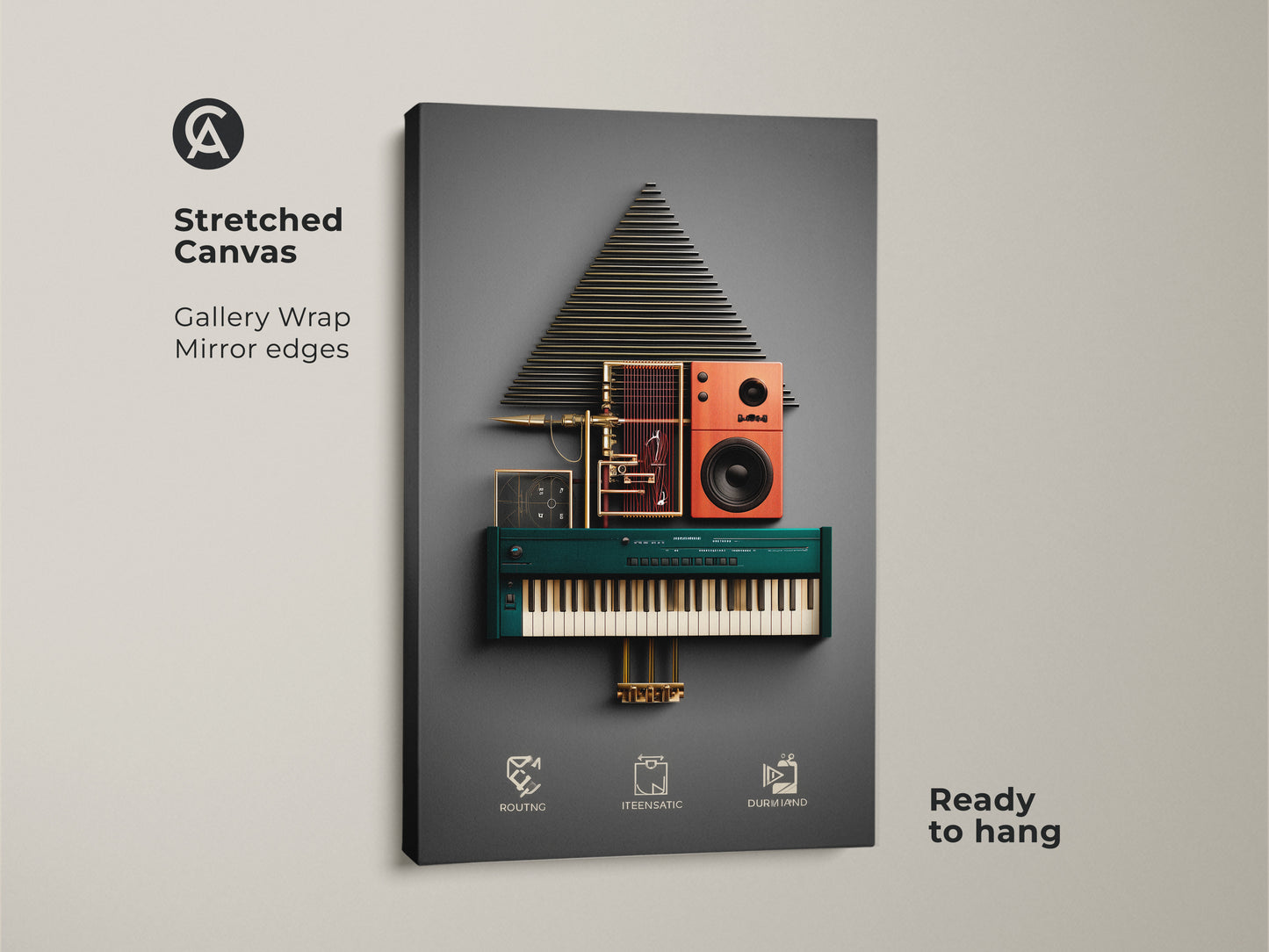 Stretched canvas gallery wrap of abstract synth wall art. Geometric speaker art with teal orange and gold accents. Ready to hang for modern music room decor. This unique tech gift enhances any office music wall.