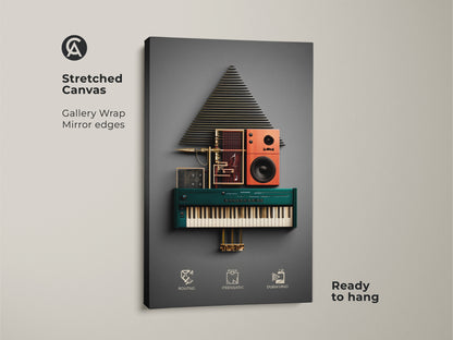 Stretched canvas gallery wrap of abstract synth wall art. Geometric speaker art with teal orange and gold accents. Ready to hang for modern music room decor. This unique tech gift enhances any office music wall.
