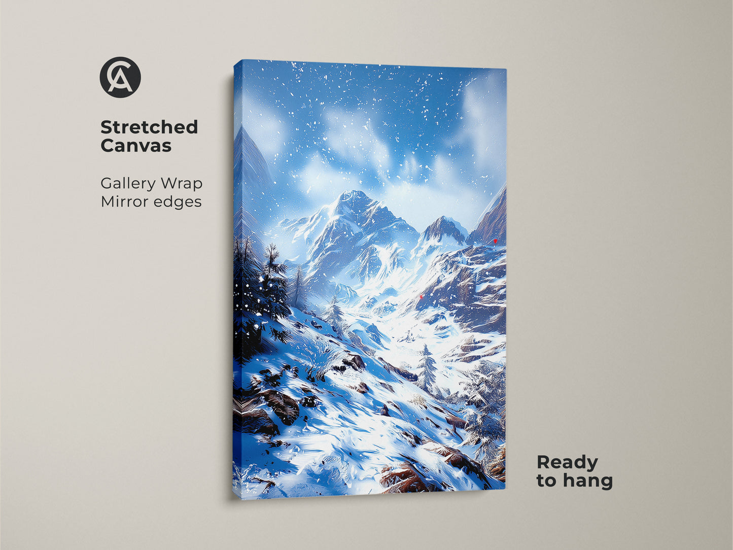 Stretched canvas showing winter mountain landscape art. Gallery wrapped snowy mountain range print with mirror edges. This blue and white artwork is ready to hang. Ideal rustic cabin wall decor for winter sports fans.