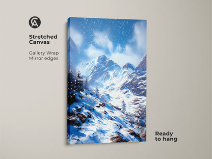Stretched canvas showing winter mountain landscape art. Gallery wrapped snowy mountain range print with mirror edges. This blue and white artwork is ready to hang. Ideal rustic cabin wall decor for winter sports fans.
