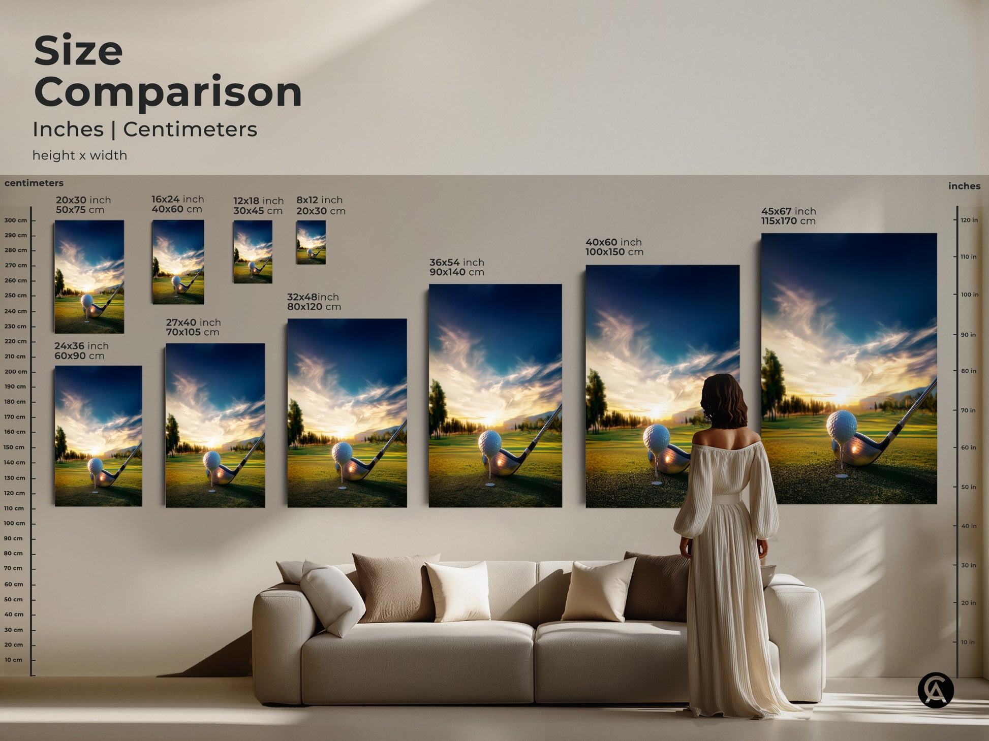 Size comparison of golf course art prints. See how the artwork scales next to furniture and a person. Available in various sizes to fit different spaces. Choose the ideal size for your home or office.