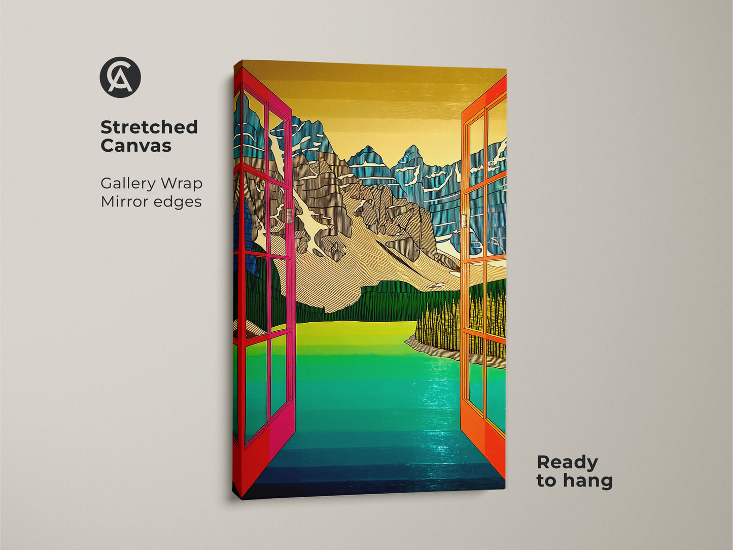 The abstract mountain canvas art is gallery-wrapped with mirror edges. This teal and yellow artwork arrives ready to hang. Perfect open window art print for any room.