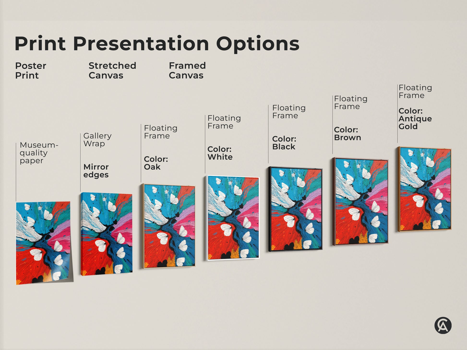 The print presentation options show various styles for this abstract butterfly art. Choose from poster prints to stretched canvases and framed options. Color choices include oak white black brown and antique gold. These contemporary floral artworks transform any space into an artful home.