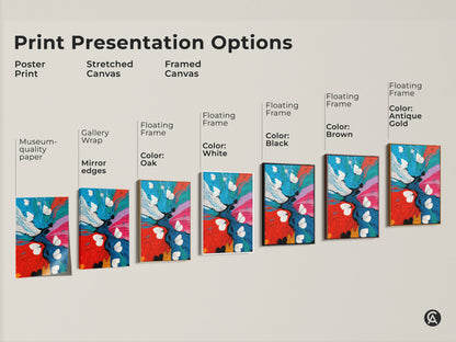 The print presentation options show various styles for this abstract butterfly art. Choose from poster prints to stretched canvases and framed options. Color choices include oak white black brown and antique gold. These contemporary floral artworks transform any space into an artful home.