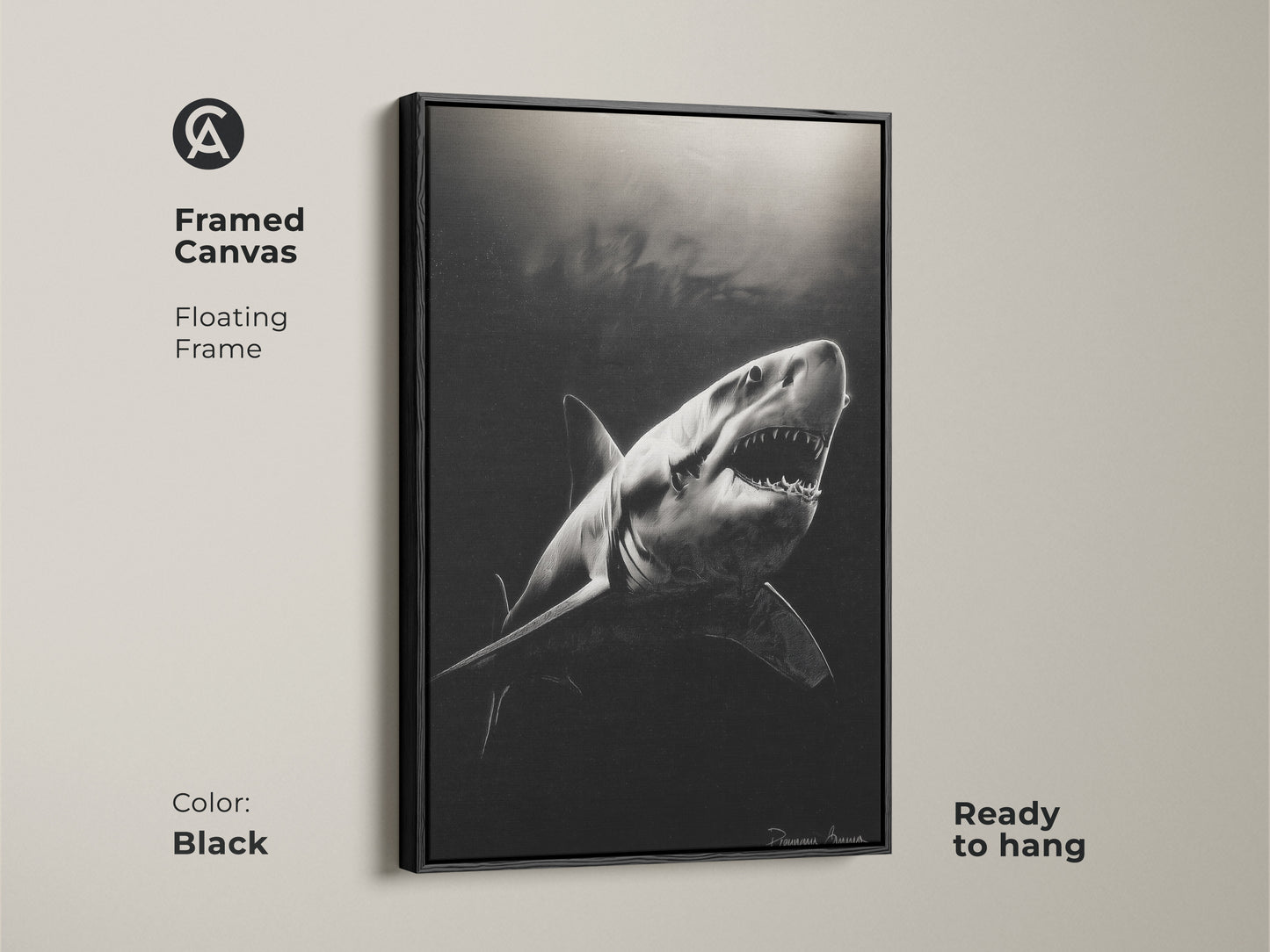 A framed canvas features monochrome Great White Shark art. The floating frame enhances this ocean wildlife canvas. Ready to hang this contemporary animal artwork is perfect for modern home decor. The black frame complements this powerful animal art print.