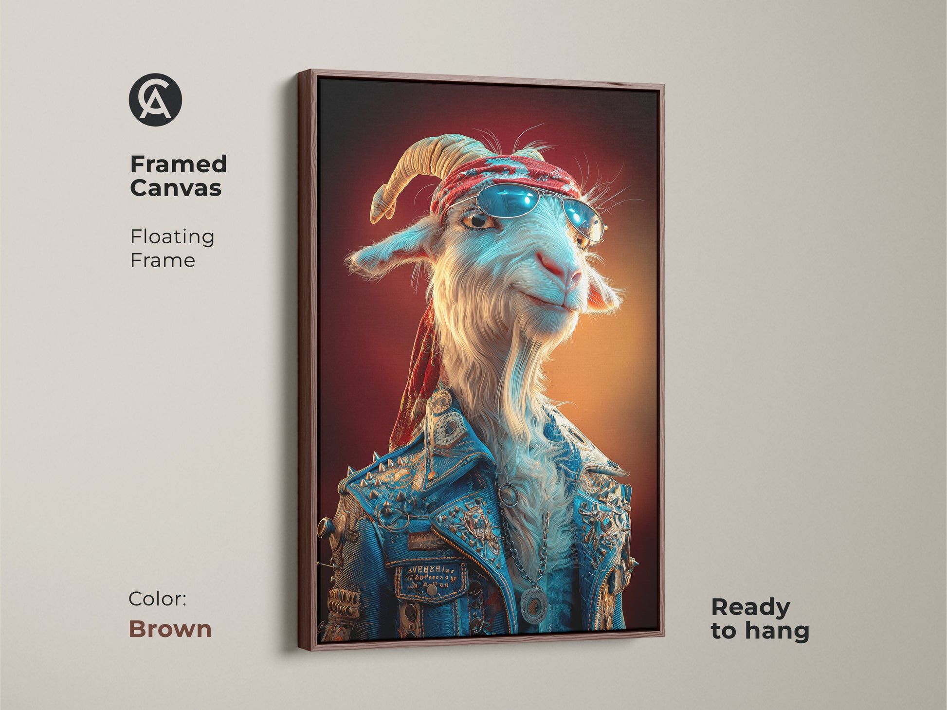 A framed canvas with a brown floating frame of a goat rockstar. Showcasing pop surrealism animal art. This unique animal print features a goat in a blue denim jacket. Ready to hang this quirky goat artwork adds eclectic charm to any man cave or office.