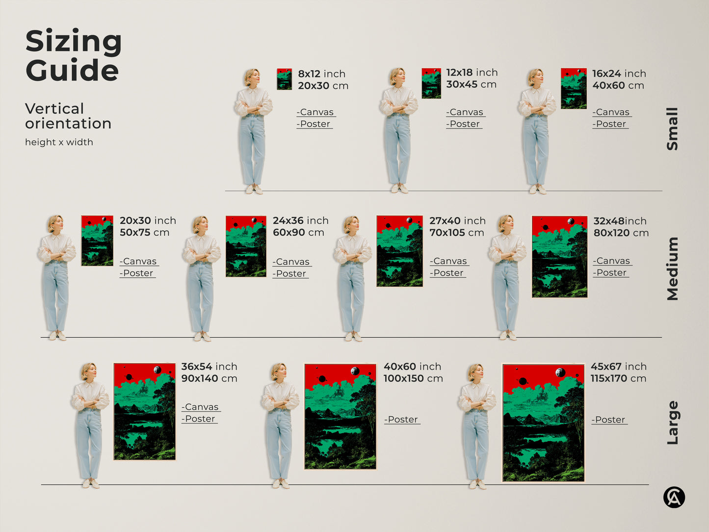 A sizing guide features a surreal space landscape canvas and poster in various sizes. The retro planets and mountains artwork uses a red green and black palette. Perfect for selecting the ideal wall art. The eclectic home decor is great for sci-fi fans.