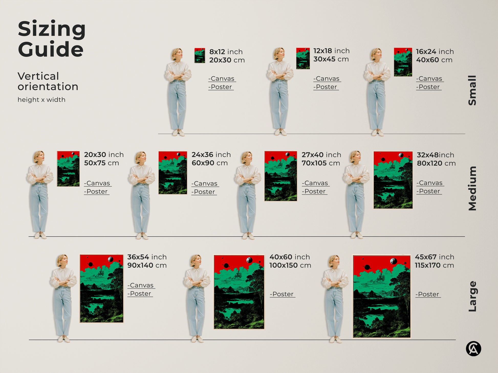 A sizing guide features a surreal space landscape canvas and poster in various sizes. The retro planets and mountains artwork uses a red green and black palette. Perfect for selecting the ideal wall art. The eclectic home decor is great for sci-fi fans.