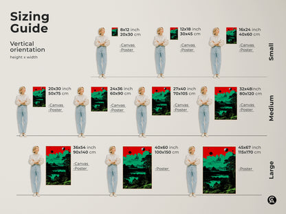 A sizing guide features a surreal space landscape canvas and poster in various sizes. The retro planets and mountains artwork uses a red green and black palette. Perfect for selecting the ideal wall art. The eclectic home decor is great for sci-fi fans.