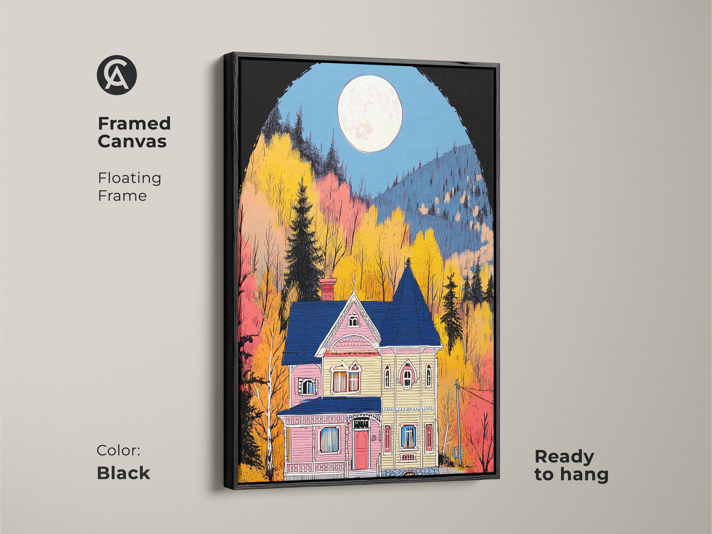 Framed canvas art displaying a Victorian house under a full moon. This folk art print features a floating black frame adding a sophisticated touch. Ready to hang this artwork creates a cozy eclectic home environment.