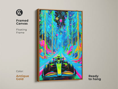 Complete your wall decor with this framed art print. A Formula 1 car speeds through a neon forest in vibrant colors. The antique gold floating frame brings a touch of luxury. Ready to hang this artwork combines motorsport and nature.