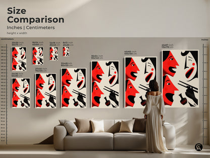 Size comparison of abstract face artwork in inches and centimeters. See how the art transforms spaces from small to large. This artwork is available on canvas or poster. This red cream black piece is a modern eclectic decor. It's a great addition to your home. Shop the abstract print today.