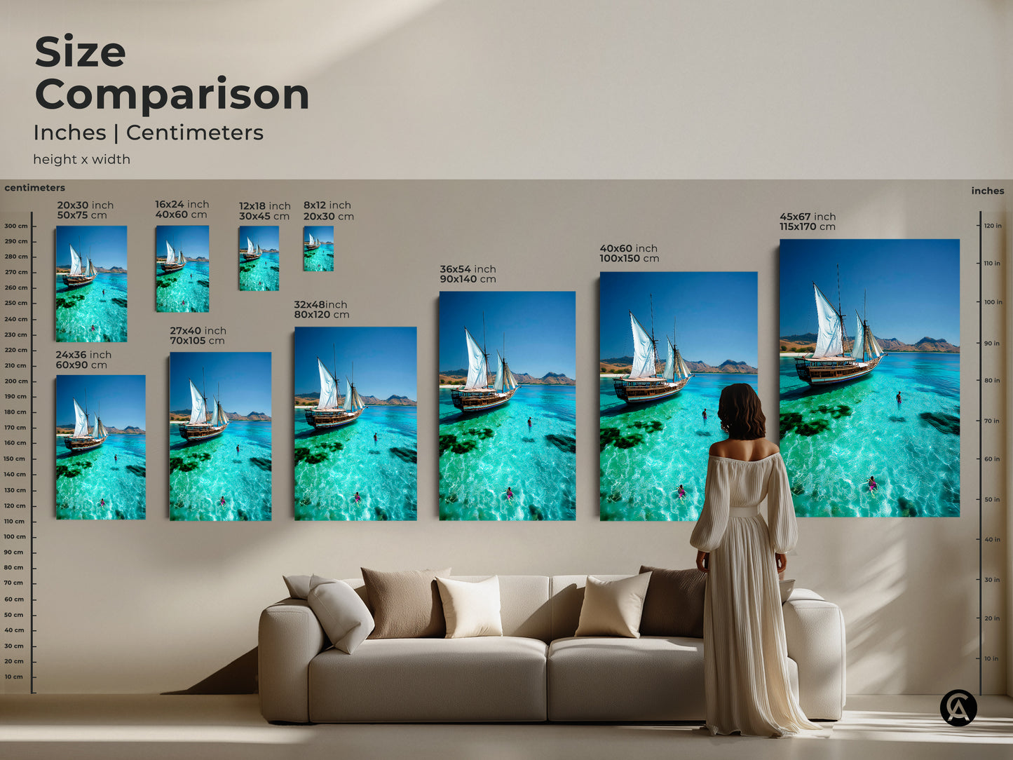 Compare sizes of our Coastal Wall Art with this helpful guide. Ranging from small to large including canvas and poster options. This stunning sailboat scene over turquoise waters brings coastal beauty to any room. Find the perfect dimensions to complement your space with our inch and centimeter guide.