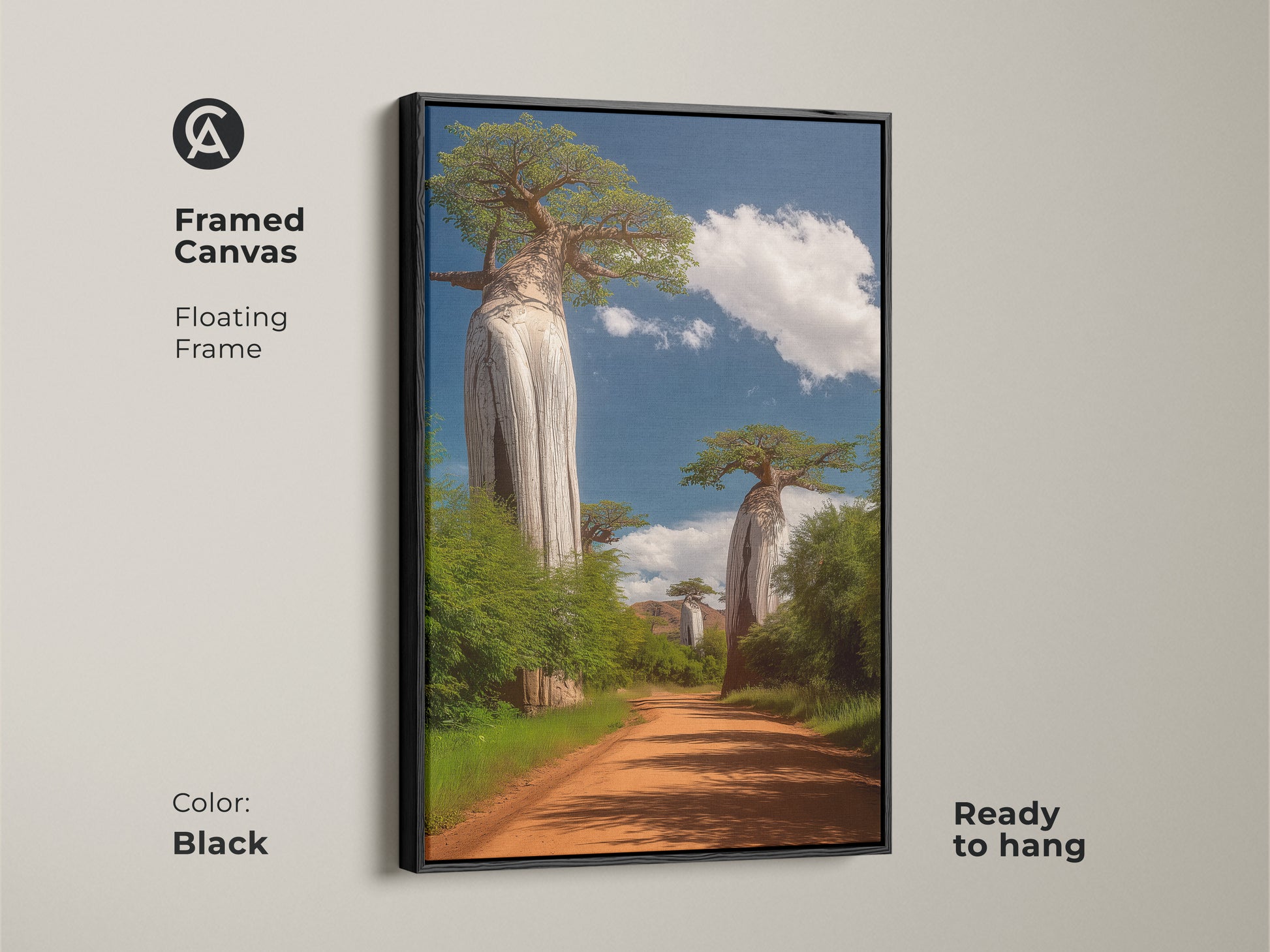 Framed Canvas of African Baobab Tree art in black floating frame. This boho wall decor shows a dirt road and green trees. This African landscape print is a travel themed gift. Realistic nature artwork is ready to hang.