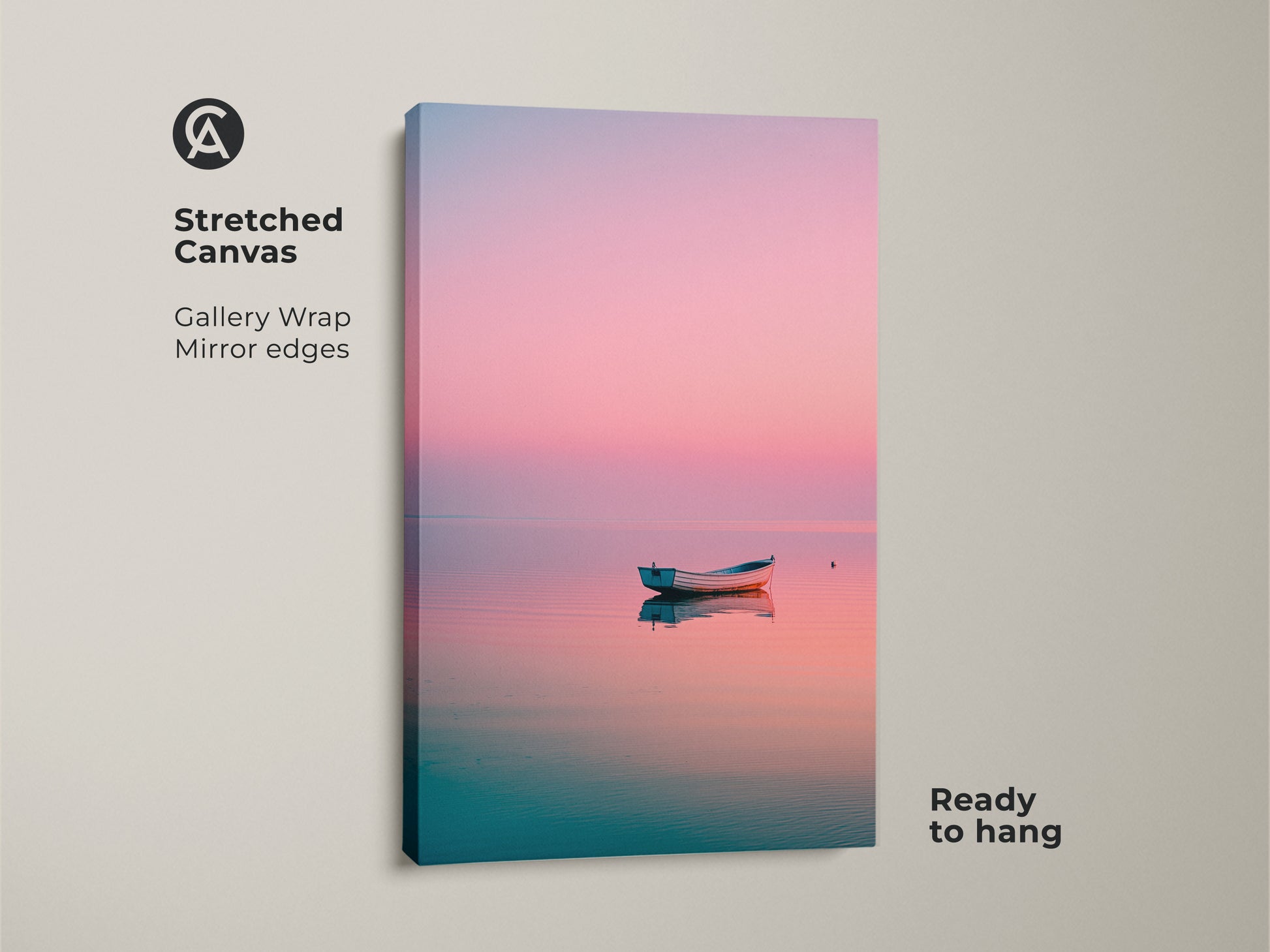 A serene boat resting on calm waters. The peaceful scene is printed on a stretched canvas. The artwork has mirrored edges and is ready to hang. Display coastal fine art.