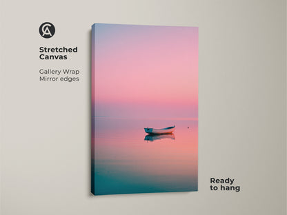 A serene boat resting on calm waters. The peaceful scene is printed on a stretched canvas. The artwork has mirrored edges and is ready to hang. Display coastal fine art.