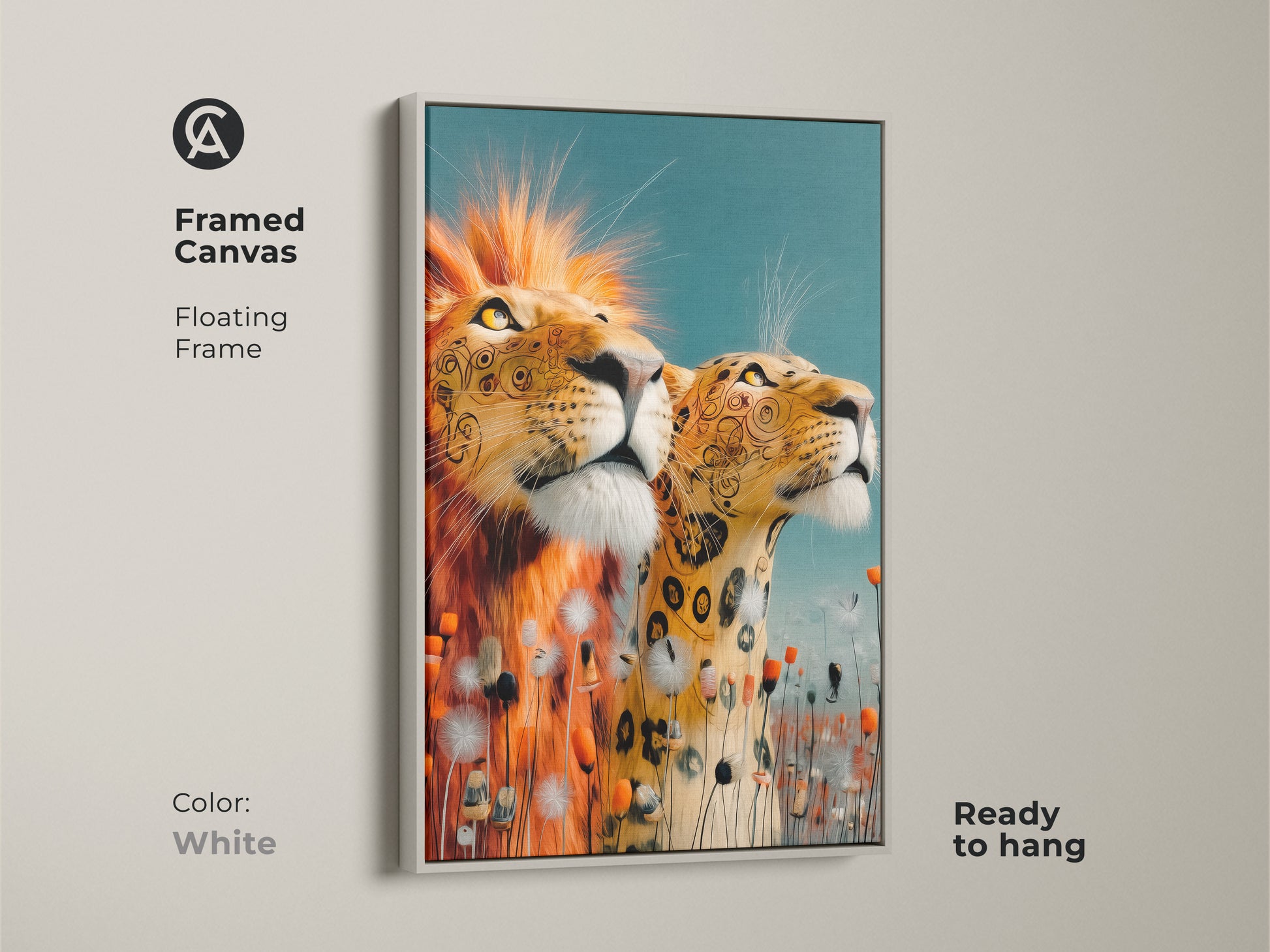 Framed canvas print displaying a lion and leopard. Floating frame in white. This gold and teal illustrative wall art is ready to hang. A vibrant animal art print for modern homes.
