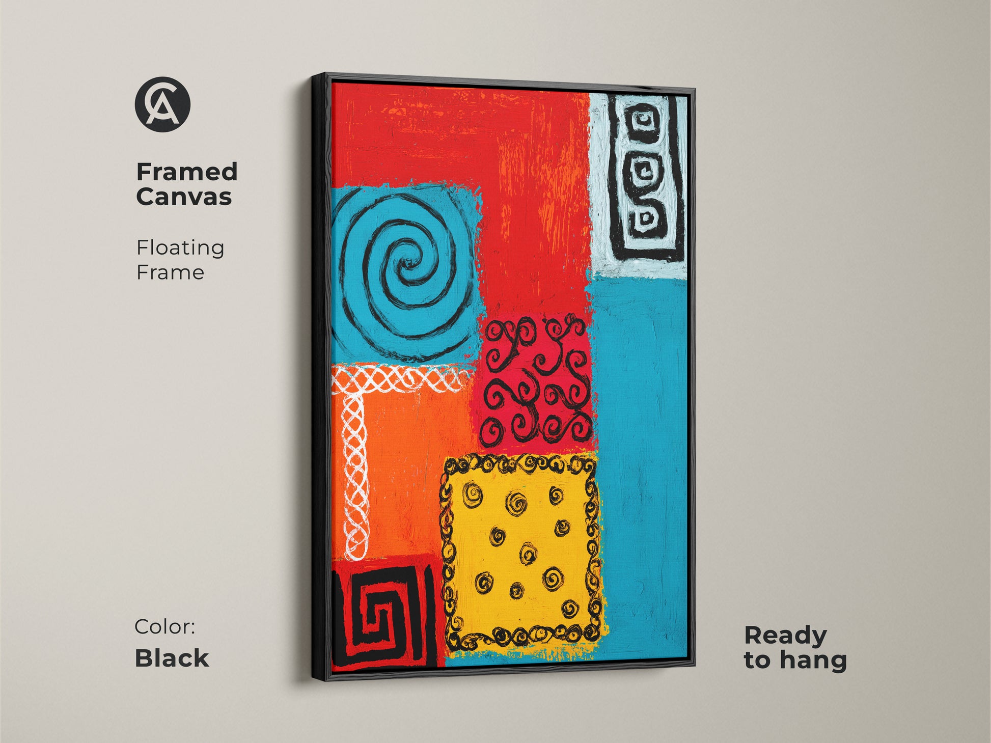 Add sophistication with this framed canvas art showcasing an abstract tribal spiral. The red orange blue geometric artwork features a floating frame. This modern wall decor piece comes ready to hang. The artwork provides a contemporary twist to any room as the focal point of your curated space.