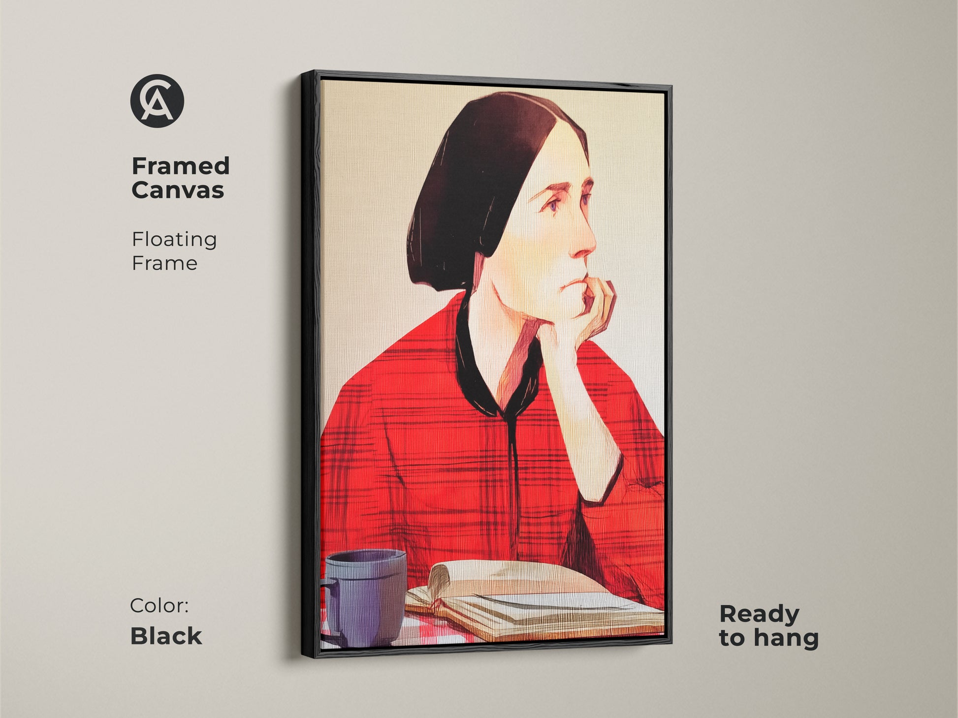 Framed canvas of an expressive woman reading. The black floating frame enhances this folk art portrait. See her with a coffee cup and book. This wall art is ready to hang and adds an eclectic touch to your home decor. A perfect study room wall hanging.